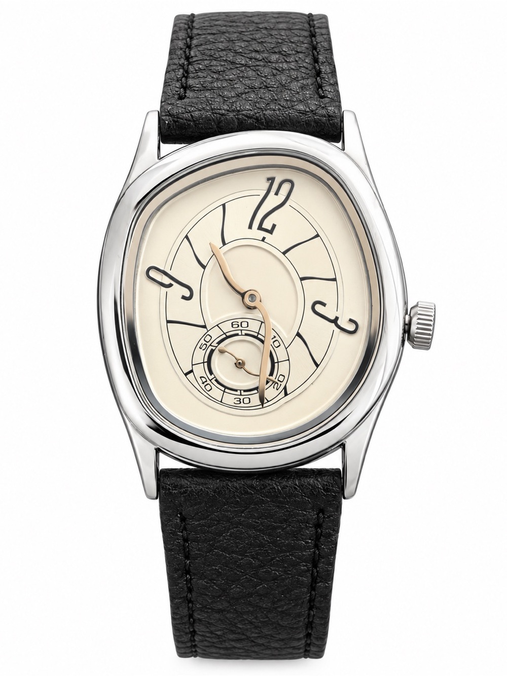 Art Deco Silver Tone Cream Dial Black Leather Dress Watch